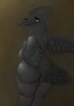  anthro avian big_butt bird black_pupils breasts butt corvid corvus_(genus) eyebrows feathers female gradient_background half-closed_eyes hi_res huge_butt narrowed_eyes nauiho oscine painting_(artwork) passerine pupils raven side_boob simple_background solo spread_wings tail_feathers thick_eyebrows traditional_media_(artwork) wings yellow_sclera 