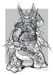  1boy arm_hair armor armored_boots axe belt boots braid braided_beard breastplate cape closed_mouth commentary dual_wielding dwarf english_commentary facial_hair full_body greyscale helmet highres holding holding_axe limha_lekan looking_at_viewer male_focus monochrome official_art solo soulless standing vrockhley winged_helmet 