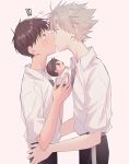  2boys belt blush highres ikari_shinji kiss kiss_day male_focus multiple_boys nagisa_kaworu neon_genesis_evangelion red_eyes shirt smile white_background white_shirt yaoi yayu_53 