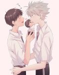  2boys belt blush highres ikari_shinji kiss kiss_day male_focus multiple_boys nagisa_kaworu neon_genesis_evangelion red_eyes shirt smile white_background white_shirt yaoi yayu_53 