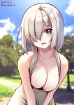  1girl alternate_costume bangs blue_eyes blurry blurry_background breasts cleavage cloud collarbone cowboy_shot day dress hair_ornament hair_over_one_eye hairclip hamakaze_(kancolle) highres kantai_collection large_breasts looking_at_viewer mimamui no_bra outdoors park parted_lips short_hair sky smile solo tree 