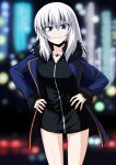  1girl black_dress blue_coat blue_eyes coat cosplay dress fate/grand_order fate_(series) full-length_zipper fur-trimmed_coat fur_trim girls_und_panzer hands_on_hips highres itsumi_erika jacket jeanne_d&#039;arc_alter_(fate) jeanne_d&#039;arc_alter_(ver._shinjuku_1999)_(fate) jeanne_d&#039;arc_alter_(ver._shinjuku_1999)_(fate)_(cosplay) jewelry kamishima_kanon looking_at_viewer necklace smile solo white_hair zipper 