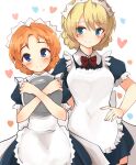  2girls absurdres alternate_costume apron back_bow bangs blonde_hair blue_dress blue_eyes bow bowtie braid closed_mouth collared_dress darjeeling_(girls_und_panzer) dress enmaided eyebrows_visible_through_hair frilled_sleeves frills girls_und_panzer hand_on_hip heart heart_background highres holding holding_tray large_bow looking_at_viewer maid maid_apron maid_headdress multiple_girls orange_hair orange_pekoe_(girls_und_panzer) parted_bangs puffy_short_sleeves puffy_sleeves red_bow red_bowtie short_dress short_hair short_sleeves side-by-side smile standing tray twin_braids white_apron white_background white_bow white_bowtie yusugi_keima 