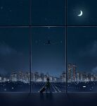 1girl aircraft airplane airport black_hair briefcase building city city_lights commentary_request crescent_moon highres holding_luggage indoors luggage mige_shijiu moon night original ponytail runway sky skyscraper solo star_(sky) starry_sky taking_off walking wide_shot 