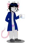  absurd_res alpha_channel anthro apron apron_only barefoot beverage black_hair blue_apron blue_clothing bulge clothed clothing coffee coffee_cup coffee_mug container cup feet fur grey_body grey_fur grey_skin hair hand_in_pocket hearts_around_head hi_res holding_object lara(laranxart) laranxart looking_at_viewer male mammal mostly_nude mouse mug murid murine original_characters pink_tail pockets rat rodent simple_background teth transparent_background underwear 