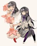  2girls :o absurdres akemi_homura alternate_size bangs black_hair black_hairband black_legwear black_skirt blue_eyes bow bow_choker bubble_skirt chinese_commentary choker closed_eyes commentary_request cropped_legs cropped_torso dress_bow eye_contact facing_another flower frilled_legwear giving gradient_eyes hair_bow hairband highres holding holding_flower kaname_madoka kiss kissing_cheek kneehighs long_hair looking_at_another mahou_shoujo_madoka_magica multicolored_eyes multiple_girls multiple_views neck_ribbon one_eye_closed outstretched_arms pink_hair profile puffy_short_sleeves puffy_sleeves red_choker red_footwear ribbon rin_lingsong shoes short_hair short_sleeves short_twintails simple_background sitting size_difference skirt smile twintails wariza white_legwear yellow_background yuri 