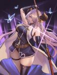  1girl absurdres asymmetrical_gloves bangs bare_shoulders belt black_gloves blue_eyes blush breasts brown_belt draph elbow_gloves fingerless_gloves gloves granblue_fantasy hair_over_one_eye highres horns large_breasts long_hair looking_at_viewer narmaya_(granblue_fantasy) parted_lips pink_hair pointy_ears risa_(pixiv23908854) single_thighhigh skindentation solo sword thigh_strap thighhighs thighs weapon 