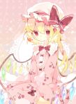  1girl alternate_costume bangs between_legs blonde_hair bow bowtie cherry cherry_print commentary crystal flandre_scarlet food food_print frilled_shirt frills fruit hair_between_eyes hand_between_legs hat hat_bow highres long_sleeves looking_at_viewer medium_hair mob_cap nikorashi-ka one_side_up pajamas pink_pajamas puffy_long_sleeves puffy_sleeves red_bow red_eyes seiza shirt sitting solo star_(symbol) tearing_up touhou white_headwear wings 