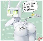  antennae_(anatomy) anthro big_butt breasts bubble_butt butt clothing female genitals green_sclera grey_body hi_res humanoid label legs_together legwear lhacedor looking_at_viewer machine mody original_characters pussy rear_view robot smug smug_face solo speech_bubble tail_motion tailwag text thigh_highs wide_hips wire 