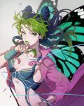  1girl bracelet breasts butterfly_wings cleavage coat green_eyes green_hair green_lips green_nails hand_on_hip highres honlo jacket jewelry jojo_no_kimyou_na_bouken kujo_jolyne lipstick long_hair looking_at_viewer makeup medium_breasts multicolored_hair nail_polish open_mouth serious signature simple_background sleeveless solo spider_web_print standing symbol-only_commentary wings 