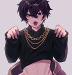  1boy ahoge blue_eyes chain chain_necklace clothes_lift crop_top earrings fridaysmiles indie_virtual_youtuber jewelry long_hair male_focus necklace open_mouth purple_hair shirt_lift short_hair shoto_(vtuber) solo stomach sweater tongue virtual_youtuber 
