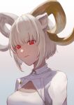  1girl absurdres animal_ears aoi_tooru arknights bangs carnelian_(arknights) closed_mouth commentary dark-skinned_female dark_skin goat_ears goat_horns highres horns jacket looking_at_viewer red_eyes shirt short_hair solo upper_body white_hair white_jacket white_shirt 