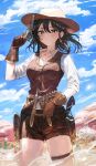  1girl belt blush breasts brown_eyes brown_gloves brown_hair brown_shorts brown_vest buttons cactus closed_mouth cloud cloudy_sky collared_shirt commentary cowboy_hat cowboy_shot cowboy_western cross cross_earrings day desert dress_shirt dust_cloud earrings eyebrows_visible_through_hair frown gloves gun hand_on_belt hand_up handgun hat highres holding holding_gun holding_weapon holstered_weapon jewelry lens_flare light light_particles long_sleeves looking_at_viewer medium_breasts medium_hair mountain multiple_belts original outdoors pistol revolver shirt short_shorts shorts sky smiley_face solo sonchi thigh_strap tumbleweed vest weapon white_shirt 