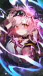  1girl animal_ears arknights bangs black_hairband blush bright_pupils cat_ears closed_mouth coat collar crying crying_with_eyes_open electricity eyebrows_visible_through_hair goldenglow_(arknights) hairband hands_in_hair hands_up highres libiadan lightning_bolt_print long_hair long_sleeves looking_at_viewer messy_hair open_clothes open_coat orange_eyes pink_coat pink_hair shirt solo tears upper_body white_shirt 