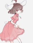  1girl :3 ahoge animal_ears bangs black_hair blue_eyes bright_pupils carrot_necklace closed_mouth gradient_eyes grey_background highres inaba_tewi looking_at_viewer m_(m073111) multicolored_eyes pink_shirt pink_skirt rabbit_ears rabbit_tail red_eyes shirt short_hair simple_background skirt solo standing tail touhou white_pupils 