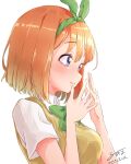  1girl blue_eyes blush bow bowtie breasts commentary_request eyebrows_visible_through_hair go-toubun_no_hanayome green_bow green_bowtie green_hairband hairband hands_up highres medium_breasts nakano_yotsuba orange_hair parted_lips ruriho school_uniform short_hair short_sleeves signature simple_background smile solo sweater_vest tearing_up upper_body white_background 