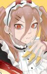  +_+ 1girl absurdres bugles chainsaw_man chewing chips crumbs earrings eating food hair_between_eyes hair_ornament hairpin highres horns jewelry long_hair looking_at_viewer maid maid_headdress power_(chainsaw_man) red_eyes red_horns sailen0 solo twintails 