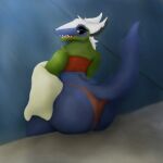  1:1 anthro big_butt black_sclera blue_body blue_butt blue_head blue_pupils butt clothing curvy_figure eyebrows female fur green_body half-closed_eyes hi_res huge_butt multicolored_body multicolored_fur narrowed_eyes nauiho on_surface open_mouth painting_(artwork) pupils raised_tail sergal sitting solo swimming_pool swimwear teeth teeth_showing thick_eyebrows towel towel_wrap traditional_media_(artwork) underwear voluptuous white_ears white_headphones 