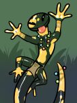  amphibian anthro black_body black_skin blep bottomwear bracelet clothing eyes_closed grass grass_field hi_res jewelry loincloth male necklace plant salamander_(amphibian) smile solo the_xing1 tongue tongue_out yellow_body yellow_skin 