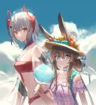  2girls amiya_(arknights) animal_ears antennae arknights bikini blue_collar blue_eyes blue_sky brown_headwear cloud cloudy_sky collar collarbone cowboy_shot demon_horns ears_through_headwear grey_hair hair_between_eyes hand_fan hand_on_another&#039;s_head hat highres holding holding_fan horns long_hair looking_at_viewer luren_max multiple_girls off-shoulder_shirt off_shoulder official_alternate_costume outdoors pink_shirt ponytail rabbit_ears red_bikini red_eyes shirt short_hair sketch sky smile split_mouth straw_hat sun_hat swimsuit w_(arknights) 