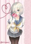  1girl arm_behind_back bangs blue_eyes blue_sailor_collar blush box box_of_chocolates breasts closed_mouth gift gloves grey_hair grey_skirt hair_between_eyes hair_ornament hair_over_one_eye hairclip hamakaze_(kancolle) heart holding holding_gift impossible_clothes kantai_collection large_breasts mimamui neckerchief pantyhose pleated_skirt sailor_collar school_uniform serafuku short_hair simple_background skirt smile solo twitter_username valentine white_gloves yellow_neckerchief 