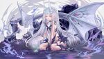  1girl bird danny_pen6333 dragon_girl fairy_knight_lancelot_(fate) fairy_knight_lancelot_(final_ascension)_(fate) fate/grand_order fate_(series) flower highres long_hair multicolored_hair simple_background very_long_hair white_background white_flower white_hair wings yellow_eyes 