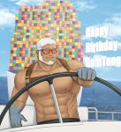  1boy abs aegir_(housamo) aqua_hair bara beard blue_eyes boat chest_harness dark-skinned_male dark_skin driving earrings english_commentary facial_hair fingernails fins fish_boy gift_art happy_birthday harness highres jewelry large_pectorals looking_to_the_side male_focus mature_male multicolored_hair muscular muscular_male navel nipples official_alternate_costume pectorals rongjie sharp_fingernails short_hair single_earring smile solo steering_wheel stomach streaked_hair sunglasses tokyo_afterschool_summoners topless_male upper_body water watercraft white_hair 