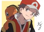  1boy backpack bag baseball_cap border brown_eyes brown_hair charmander closed_mouth commentary_request hat jacket male_focus pokemon pokemon_(creature) pokemon_(game) pokemon_frlg pokemon_on_back red_(pokemon) red_headwear red_jacket shirt short_hair sleeveless sleeveless_jacket smile spiked_hair t-shirt three_guo white_border yellow_background yellow_bag 