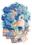  animal_focus blue_eyes blue_flower brick_floor flower highres hydrangea leaf looking_to_the_side no_humans oharu-chan pokemon pokemon_(creature) solo traditional_media vaporeon water_drop white_background 
