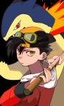  1boy bangs black_background black_hair closed_mouth commentary_request ethan_(pokemon) fire from_side goggles goggles_on_headwear hair_between_eyes hands_up hat highres holding jacket long_sleeves male_focus momotose_(hzuu_xh4) pokemon pokemon_(creature) pokemon_adventures red_eyes red_jacket short_hair typhlosion yellow_eyes 