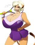  anthro big_breasts breasts elderly_female felid female huge_breasts lion lips looking_at_viewer mammal mature_female nemesisprime909 old pantherine smile solo sportswear tennis_racket thick_bottom_lip 