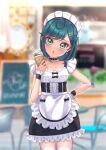  1girl absurdres akajiyuuki apron aqua_hair delicious_party_precure earrings fuwa_kokone green_eyes hair_ornament highres holding jewelry looking_at_viewer maid maid_apron maid_headdress precure short_hair solo 