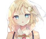  1girl bangs blonde_hair blue_eyes blush collared_shirt eyebrows_visible_through_hair hair_ornament high_collar highres hololive hololive_english jacket looking_at_viewer medium_hair monocle_hair_ornament necktie open_mouth popped_collar shigureszku shirt solo stethoscope virtual_youtuber watson_amelia wind 