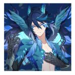  1boy animal_hands blue_eyes blue_hair blue_horns blue_wings claws closed_mouth commentary dvalin_(genshin_impact) fang genshin_impact glowing glowing_eye hand_on_own_chest honlo horns humanization male_focus sample_watermark solo upper_body watermark wings 