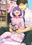  1boy 1girl :d blurry blurry_background blush bookshelf carpet controller faceless faceless_male figure formal game_controller green_eyes highres hood hoodie idolmaster idolmaster_million_live! indoors looking_at_another mochizuki_anna on_floor pink_hoodie pink_shorts producer_(idolmaster) purple_hair shennai_misha shorts sitting sleeves_pushed_up smile spread_legs striped striped_legwear thighhighs 