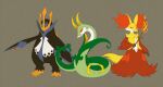  blue_eyes brown_eyes claws closed_mouth commentary_request delphox empoleon fire flame frown grey_background holding holding_stick looking_at_viewer ono_sasazaki orange_eyes pokemon pokemon_(creature) serperior smile standing stick 