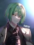  1boy androgynous closed_mouth eiyuu_densetsu formal gloves green_hair hajimari_no_kiseki necktie one_eye_closed short_hair wazy_hemisphere willfin yellow_eyes 