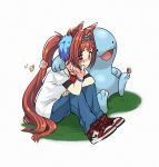  1girl animal_ears appleq bangs blue_pants blush bracelet brown_hair bug butterfly closed_mouth commentary_request crossover daiwa_scarlet_(umamusume) from_side grass head_rest highres horse_ears horse_girl jewelry long_hair pants pokemon pokemon_(creature) quagsire red_eyes shoes sitting sneakers tearing_up tiara twintails umamusume very_long_hair white_background 