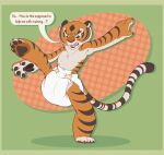  anthro balancing claws cuddlehooves dialogue diaper dreamworks felid female hi_res kung_fu_panda mammal master_tigress on_one_leg one_leg_up open_mouth pantherine pawpads paws raised_leg solo speech_bubble standing teeth tiger 