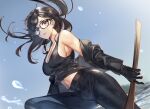  1girl bare_shoulders black-framed_eyewear black_gloves black_hair black_jacket black_pants black_shirt blue_sky breasts brown_eyes cleavage day dutch_angle glasses gloves highres holding holding_sword holding_weapon jacket large_breasts long_hair long_sleeves looking_at_viewer minamikata_hizuru mole mole_under_mouth navel off_shoulder open_clothes open_jacket outdoors pants parted_lips shirt sky solo summertime_render sword tank_top teddy_(khanshin) water_drop weapon wet wet_clothes wooden_sword 