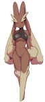  1girl :3 ababaa animal_ears animal_nose arms_at_sides bare_shoulders black_sclera black_shirt blush body_fur bottomless breasts brown_fur closed_mouth clothed_pokemon colored_sclera commentary_request crop_top furry furry_female groin happy korean_commentary legs_together looking_at_viewer lopunny medium_breasts navel no_pussy pink_eyes pokemon pokemon_(creature) rabbit_ears rabbit_girl shirt simple_background sleeveless sleeveless_shirt smile solo stomach two-tone_fur underboob white_background 