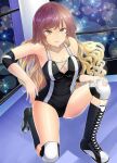  1girl bangs black_footwear black_swimsuit boots breasts brown_eyes brown_hair cleavage closed_mouth full_body hijiri_byakuren knee_boots knee_pads kneeling long_hair looking_at_viewer one-piece_swimsuit smile solo swimsuit touhou touhou_tag_dream wavy_hair wrestling wrestling_outfit wrestling_ring y2 