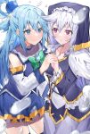  2girls absurdres ai-nohikari aqua_(konosuba) blue_eyes blue_hair blush detached_sleeves eris_(konosuba) frills grey_hair habit hair_rings highres holding_hands kono_subarashii_sekai_ni_shukufuku_wo! long_hair looking_at_another multiple_girls purple_eyes smile thighhighs very_long_hair white_hair 