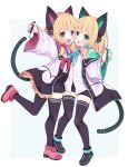  2girls animal_ears arashiya arm_up black_footwear black_legwear black_shorts black_skirt blonde_hair blue_archive bow cat_ears cat_tail cheek-to-cheek cheek_squash coat controller face-to-face fake_animal_ears fake_tail full_body game_controller green_eyes hair_bow heads_together leg_up legs midori_(blue_archive) momoi_(blue_archive) multiple_girls nintendo_switch open_mouth outstretched_arm pink_eyes pink_footwear ribbon shirt shoes short_hair shorts siblings simple_background sisters skirt smile standing standing_on_one_leg tail thighhighs thighs twins white_background white_coat white_shirt 