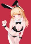  1girl absurdres animal_ears bangs bikini black_bikini blonde_hair blush bow bowtie breasts collarbone detached_sleeves eyebrows_visible_through_hair fake_animal_ears frilled_bikini frills highres long_hair looking_at_viewer original playboy_bunny rabbit_ears red_background red_eyes small_breasts solo swimsuit thighs usagi_(786113654) wrist_cuffs 