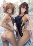  2girls ass bangs black_hair blurry blurry_background breasts brown_hair closed_mouth competition_swimsuit green_eyes hair_between_eyes highres kantai_collection kasumi_(skchkko) large_breasts long_hair looking_at_viewer multiple_girls mutsu_(kancolle) nagato_(kancolle) off_shoulder one-piece_swimsuit red_eyes short_hair straight_hair sweater swimsuit thighs very_long_hair water wet white_sweater 