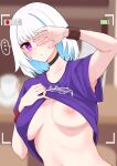  1girl absurdres armpits bangs battery_indicator black_choker blue_hair blunt_bangs blush breasts breasts_apart choker clothes_lift colored_inner_hair embarrassed exhibitionism highres large_breasts lifted_by_self lize_helesta looking_at_viewer multicolored_hair navel nijisanji nipples no_bra pink_eyes public_indecency purple_shirt recording shirt shirt_lift short_hair siiotuu solo sweatband sweatdrop t-shirt two-tone_hair upper_body virtual_youtuber white_hair 