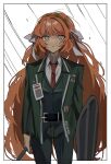  1girl formal green_eyes green_suit highres holding holding_weapon id_card ishmael_(limbus_company) limbus_company long_hair mu46016419 necktie orange_hair pants project_moon red_necktie shield shirt suit very_long_hair weapon white_background white_shirt 