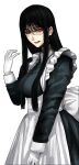  1girl black_hair breasts glasses gloves highres hoshi_san_3 long_hair long_sleeves looking_at_viewer maid mole mole_under_eye mole_under_mouth original simple_background smile solo white_background white_gloves 