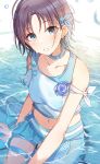  1girl :o absurdres asakura_toru asymmetrical_clothes bangs blue_hair blue_shirt blue_skirt blurry blurry_foreground blush collarbone earrings groin hal_ogura highres idolmaster idolmaster_shiny_colors jewelry light_purple_hair looking_at_viewer parted_bangs partially_submerged shirt short_hair skirt solo thigh_strap thighhighs water_drop 